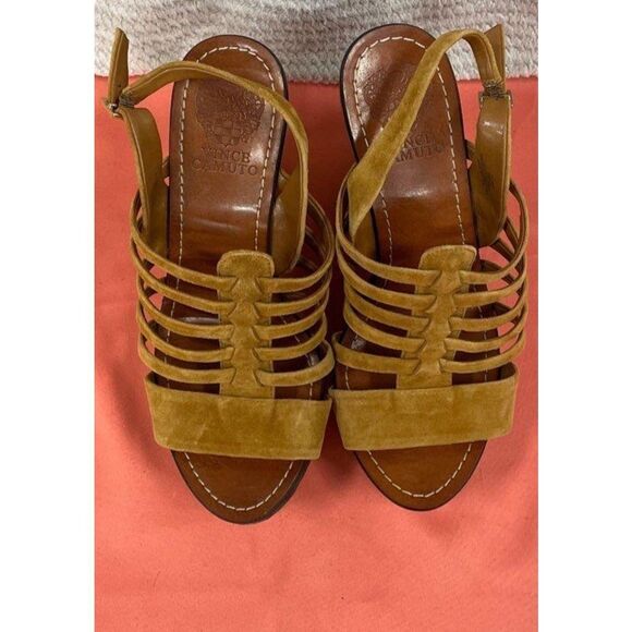 Vince Camuto Brown Strap Sandals With Wood Type Wedge Heels Size 9 - Picture 1 of 7